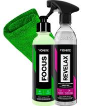 Kit Focus Vonixx Restaurador De Vidros Revelax Vonixx Evidencia Defeitos De Pintura Limpeza De Vidros Descontaminante Pano Microfibra 40x40