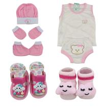 Kit fofura 7 Peças bebê Camiseta com Tapa Fralda + Sandália + Meia 3D + Luva e touca - Várias Cores