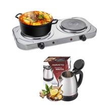 Kit Fogão Elétrico Mesa 2 Bocas Pratos E Chaleira Elétrica