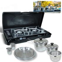 Kit Fogareiro a Gas Etna 2 Bocas Horizontal Aco Inox + Jogo de Panelas Ntk 8 Pecas Gourmet Camping Pesca Nautika