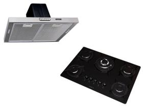 Kit Fogatti Depurador Slim New Inox 60cm + Cooktop 5 Bocas Tripla Chama Mesa em Vidro Esmaltado