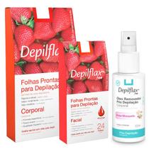 Kit Folha Cera Pronta Depilação Depiladora Depilatória Facial e Corporal + Óleo Removedor de Cera 100ml Depilflax Kit Folha Cera Pronta Depilação Depiladora Depilatória Facial e Corporal + Óleo Removedor de Cera 100ml Depilflax