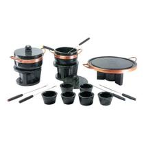 Kit fondue de pedra sabao chapa 32 cm + panelas de 500 e 800 ml + 6 cumbucas + 6 garfinhos