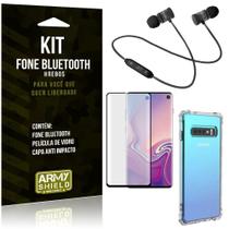 Kit Fone Bluetooth Hrebos Galaxy S10 + Capa Anti + Película Vidro - Armyshield