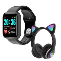 Kit Fone Gatinho Bluetooth Led + Relogio Smart watch D20