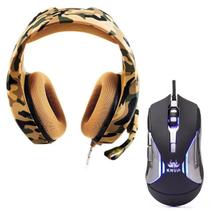 Kit Fone Headset Gamer Camuflado + Mouse USB 3200DPI c/ LED