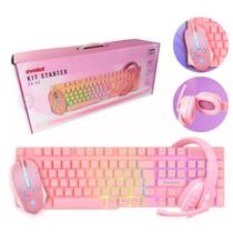 Kit Fone Mouse Teclado Semi Mecânico Gamer Rosa Home Office Evolut