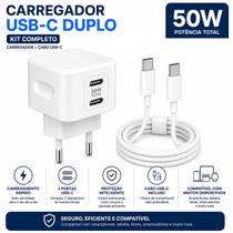 Kit Fonte De Carregador Turbo Com Cabo Premium USBC Duas Entradas 50W Fast Charge Kit Fonte De Carregador Turbo Com Cabo Premium USBC Duas Entradas 50W Fast Charge