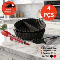 Kit Forma Air Fryer E Pegador Pinça Culináraria Inox e Silicone Multifuncional Tamanhos 27 e 34cm Nã