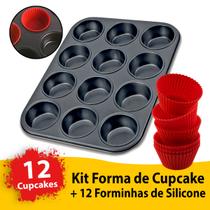 Kit Forma Assadeira Cupcake + 12 Forminhas Silicone Antiaderente Empada Pão Queijo Não Gruda Reutilizável Não Quebra - Alemão Shops