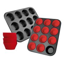 Kit Forma Assadeira P/ Cupcake 12 Cavidades +12 forminhas Silicone Antiaderente 6 cm Para Muffin