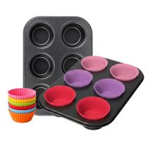 Kit Forma Assadeira P/ Cupcake 6 Cavidades + 6 forminhas Silicone Antiaderente 6 cm Para Muffin