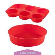 kit Forma Cupcake Silicone e Forma Redonda Vermelho Pudim