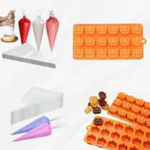 Kit Forma Silicone Halloween Abóbora Antiaderente / Manga de Confeitar Descartável Grande 38cm
