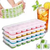 Kit Formas de Gelo Silicone com Tampa Rígida Flexível Fundo 14 Cubos Retangular Multiuso Lavável