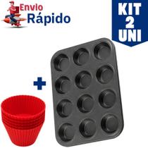 Kit Forminhas de Silicone Mais Forma Assadeira Cupcake Antiaderente Grande 12 Cavidades Pão de Queijo Kit Forminhas de Silicone Mais Forma Assadeira Cupcake Antiaderente Grande 12 Cavidades Pão de Queijo