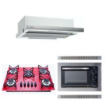 kIT Forno Elétrico Embutir 45L Cooktop Vermelho Depurador Embutir Safanelli