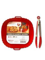 Kit Forro para Air Fryer Quadrada 21cm e Pinça Multiuso de 25cm em Silicone Vermelho - UnyHome