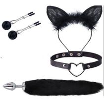 Kit fox 4 em 1 1 tiara de renda com pelúcia + 1 plug anal com cauda + 1 par de grampos para seios + coleira com coração