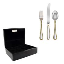 Kit fracalanza faqueiro croise 130 peças 18/10 3,5mm com friso de ouro em aço inox e estojo
