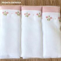Kit Fralda com 3 Peças 100% Algodão Bordado a Mão Rosa
