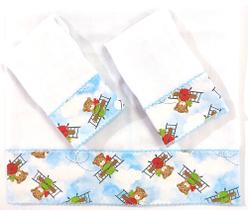 KIT FRALDA DE BOCA 2 FRALDAS 32x32 UMA FRALDA 70x70 BARRA ESTAMPADA MENINO AVIADOR AZUL