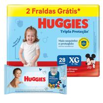 Kit Fralda Huggies Tripla Proteção Meguinha XG 28 + Lenço Umedecido
