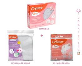 Kit fralda+toalha+pano de boca cremer luxo estampado-enxoval