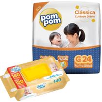 Kit Fraldas Pompom Classica P M G XG e 140 Lenços Toalhas Umedecidas Upa Bebê Kit Fraldas Pompom Classica P M G XG e 140 Lenços Toalhas Umedecidas Upa Bebê