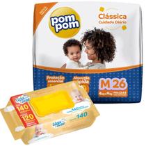 Kit Fraldas Pompom Classica P M G XG e 140 Lenços Toalhas Umedecidas Upa Bebê