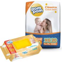 Kit Fraldas Pompom Classica P M G XG e 140 Lenços Toalhas Umedecidas Upa Bebê