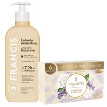 Kit Francis Loção Hidratante Leite De Amêndoas 400ml + 6 Sabonetes em Barra Rosa Branca E Patchouli 90g