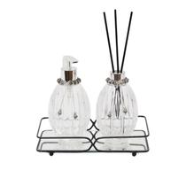 Kit Frasco Cacau Transparente 330ml c/ Tampa e Válvula Prata c/ Bandeja 12x22cm Kit Frasco Cacau Transparente 330ml c/ Tampa e Válvula Prata c/ Bandeja 12x22cm