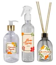 Kit Frascos Pet Aromatizador com Varetas + Sabonete Liquido + Borrifador Home Spray Banheiro Casa