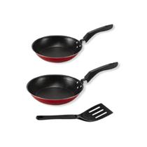 Kit Frigideira Francesa 16cm e 20cm com Espátula Vermelha Alumi-Aço Linha Premium J4TECH Alumínio Antiaderente Teflon Ultra Resistente