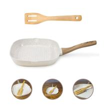Kit Frigideira Grill Quadrada 24cm Cerâmica Antiaderente e Espátula Bambu 30cm