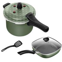 Kit Frigideira Quadrada Antiaderente Funda N 23 + Panela De Pressão Fechamento Externo 5L Verde Patolux