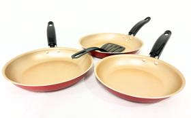 Kit Frigideiras Antiaderente 3 Peças mais Espátula de Nylon Nº18, 20 e 22 Linha Premium Revestimento com 05 Camadas Teflon