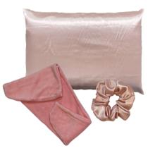 Kit Fronha E Scrunchie De Cetim + Touca De Microfibra fleece