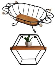 Kit Fruteira de Mesa Rústica + Nicho Decorativo em Ferro e Madeira - Oferta de Fábrica