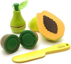 Kit Frutinhas Madeira Com Corte +Faca (Mamão, Pera E Kiwi)