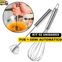 Kit Fue Batedor De Ovos + Batedor Semi Automático Inox De Massas Bolos Para Confeitaria