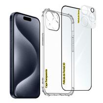 Kit Full Proteção iPhones 15 Todos os Modelos + Película Frontal 3D + Película de Câmera Novidade