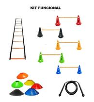 Kit funcional escada de agilidade+05 barreiras+10 chapéus+08 argolas+pula corda