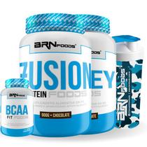 Kit Fusion Protein 900g + Whey Foods 900g + BCAA 100g Tangerina + Coqueteleira 600ml BRNFOODS Kit Fusion Protein 900g + Whey Foods 900g + BCAA 100g Tangerina + Coqueteleira 600ml BRNFOODS