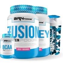 Kit Fusion Protein 900g + Whey Foods 900g + BCAA 100g Tangerina + Coqueteleira 600ml BRNFOODS