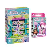 Kit Gabbys Dollhouse Grow Copag QuebraCabeça 100 Peças Glitter e Jogo de Cartas 4 em 1 Infantil