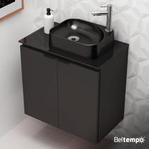 Kit Gabinete Aço Galvanizado Lavável Banheiro Suspenso 62cm Preto Com Cuba Pia Apoio Tampo Vidro 2 Portas Beltempo