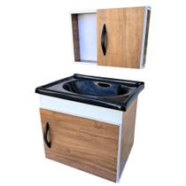 Kit Gabinete Armario Banheiro Suspenso 40cm Com Pia Lavatorio Espelho Completo Branco Madeira MDF