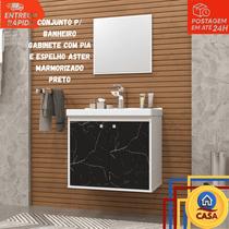 Kit Gabinete Armario de Banheiro Cuba Pia Com Espelheira Marmorizado Preto Aster